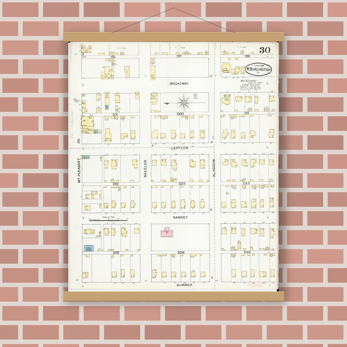 Old map wall art mockup — magnetic wood frame on brick wall — Sanborn Fire Insurance Map from Burlington, Des Moines County, Iowa (1892), Sheet #0030