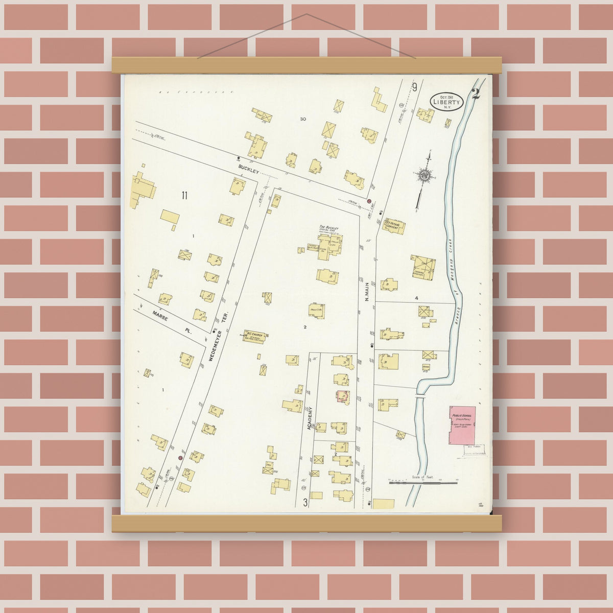 Old map wall art mockup — magnetic wood frame on brick wall — Sanborn Fire Insurance Map from Liberty, Sullivan County, New York (1911), Sheet #0002