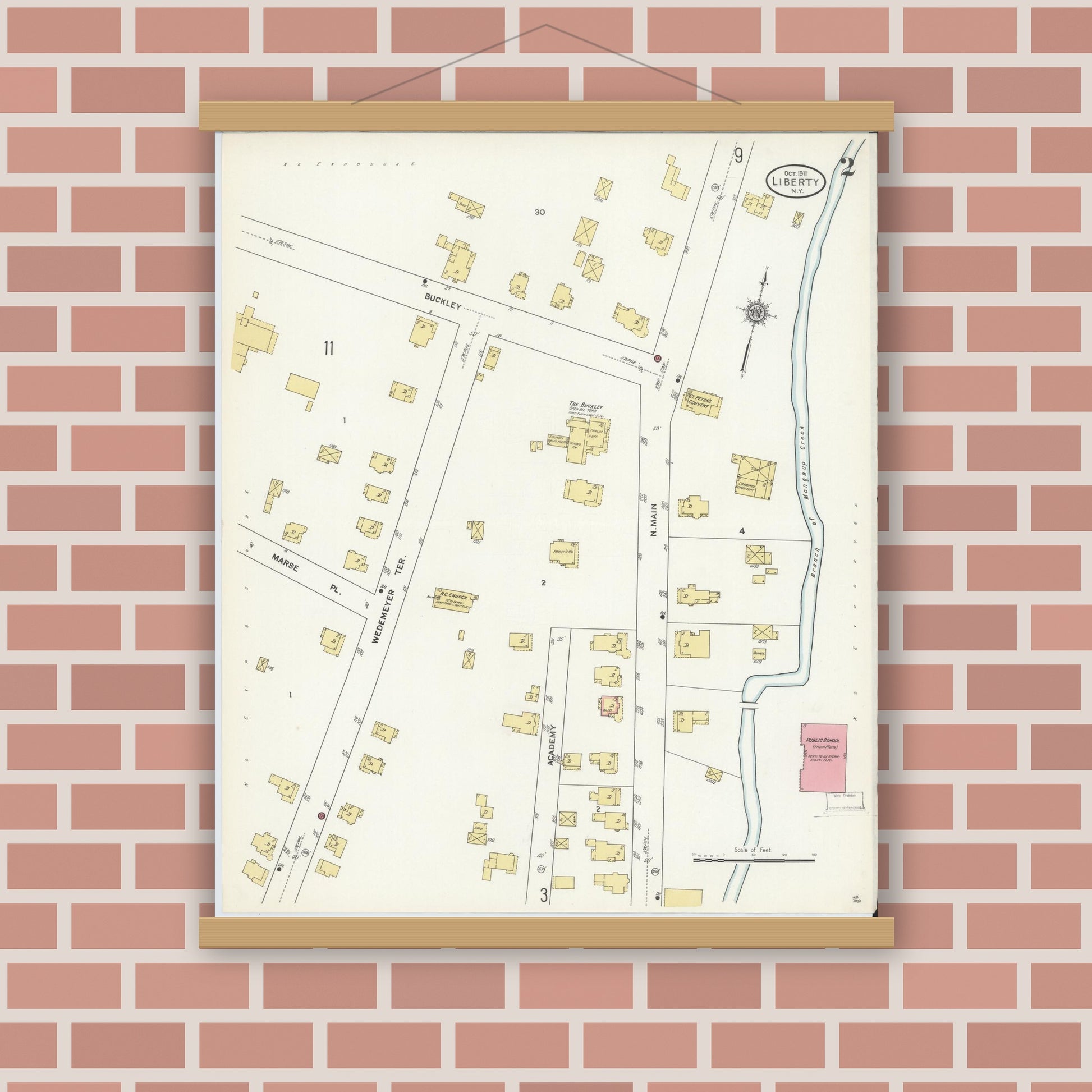 Old map wall art mockup — magnetic wood frame on brick wall — Sanborn Fire Insurance Map from Liberty, Sullivan County, New York (1911), Sheet #0002