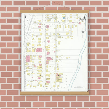 Old map wall art mockup — magnetic wood frame on brick wall — Sanborn Fire Insurance Map from Roseville, Perry And Muskingum Counties, Ohio (1930), Sheet #0002