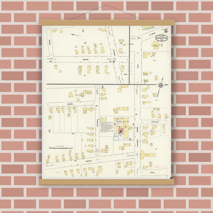 Old map wall art mockup — magnetic wood frame on brick wall — Sanborn Fire Insurance Map from Hopkinton, Middlesex County, Massachusetts (1910), Sheet #0006