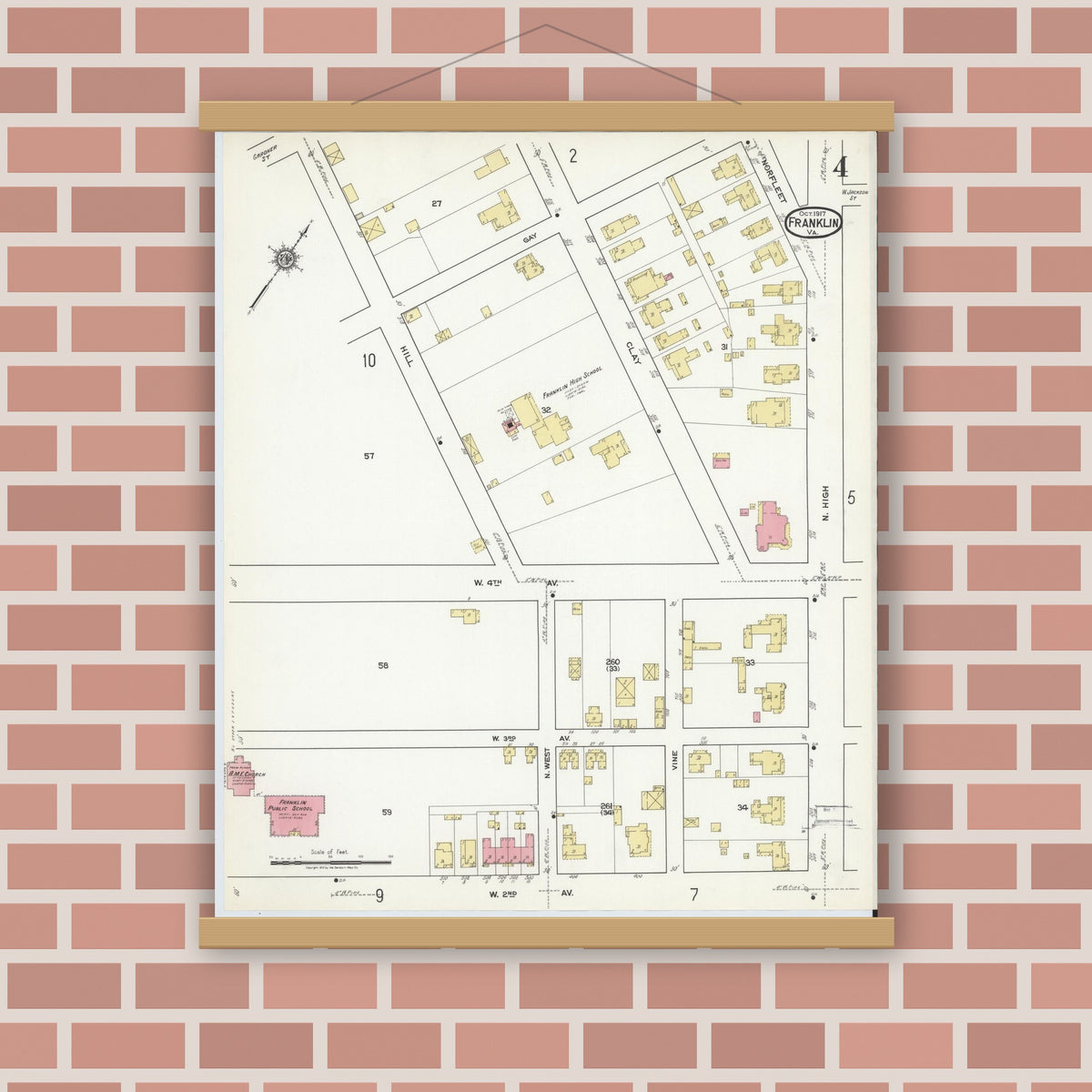 Old map wall art mockup — magnetic wood frame on brick wall — Sanborn Fire Insurance Map from Franklin, Independent Cities, Virginia (1917), Sheet #0004