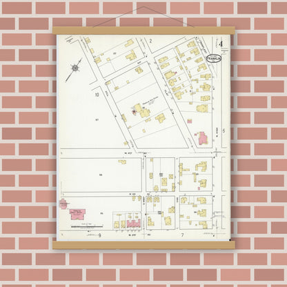 Old map wall art mockup — magnetic wood frame on brick wall — Sanborn Fire Insurance Map from Franklin, Independent Cities, Virginia (1917), Sheet #0004