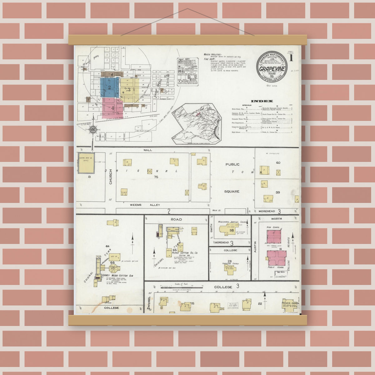 Old map wall art mockup — magnetic wood frame on brick wall — Sanborn Fire Insurance Map from Grapevine, Tarrant County, Texas (1921), Sheet #0001