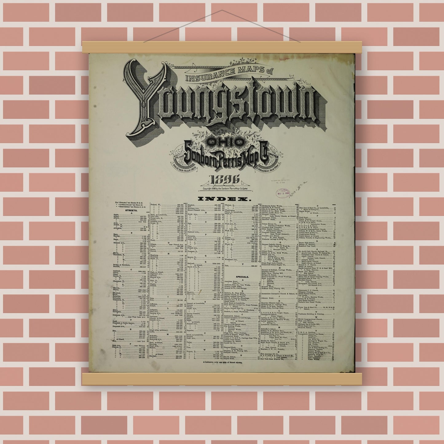 Old map wall art mockup — magnetic wood frame on brick wall — Sanborn Fire Insurance Map from Youngstown, Mahoning County, Ohio (1896), Sheet #0001