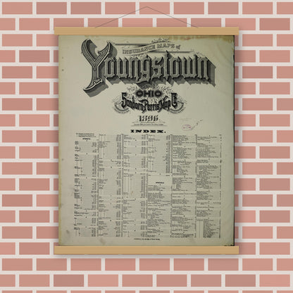 Old map wall art mockup — magnetic wood frame on brick wall — Sanborn Fire Insurance Map from Youngstown, Mahoning County, Ohio (1896), Sheet #0001