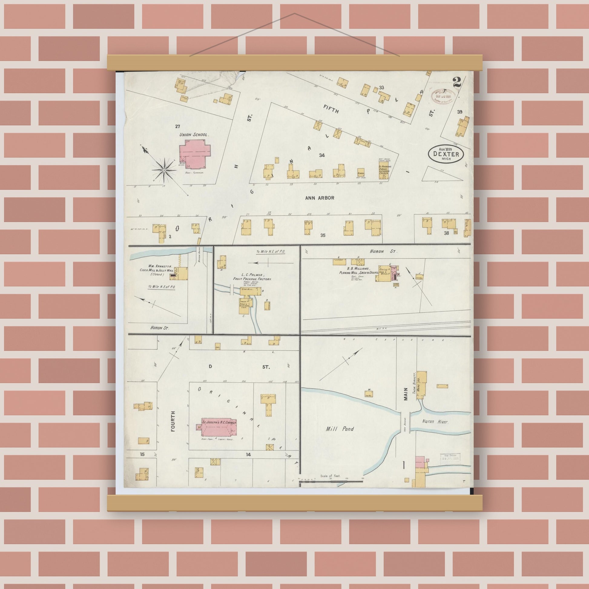 Old map wall art mockup — magnetic wood frame on brick wall — Sanborn Fire Insurance Map from Dexter, Washtenaw County, Michigan (1899), Sheet #0002