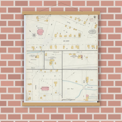 Old map wall art mockup — magnetic wood frame on brick wall — Sanborn Fire Insurance Map from Dexter, Washtenaw County, Michigan (1899), Sheet #0002