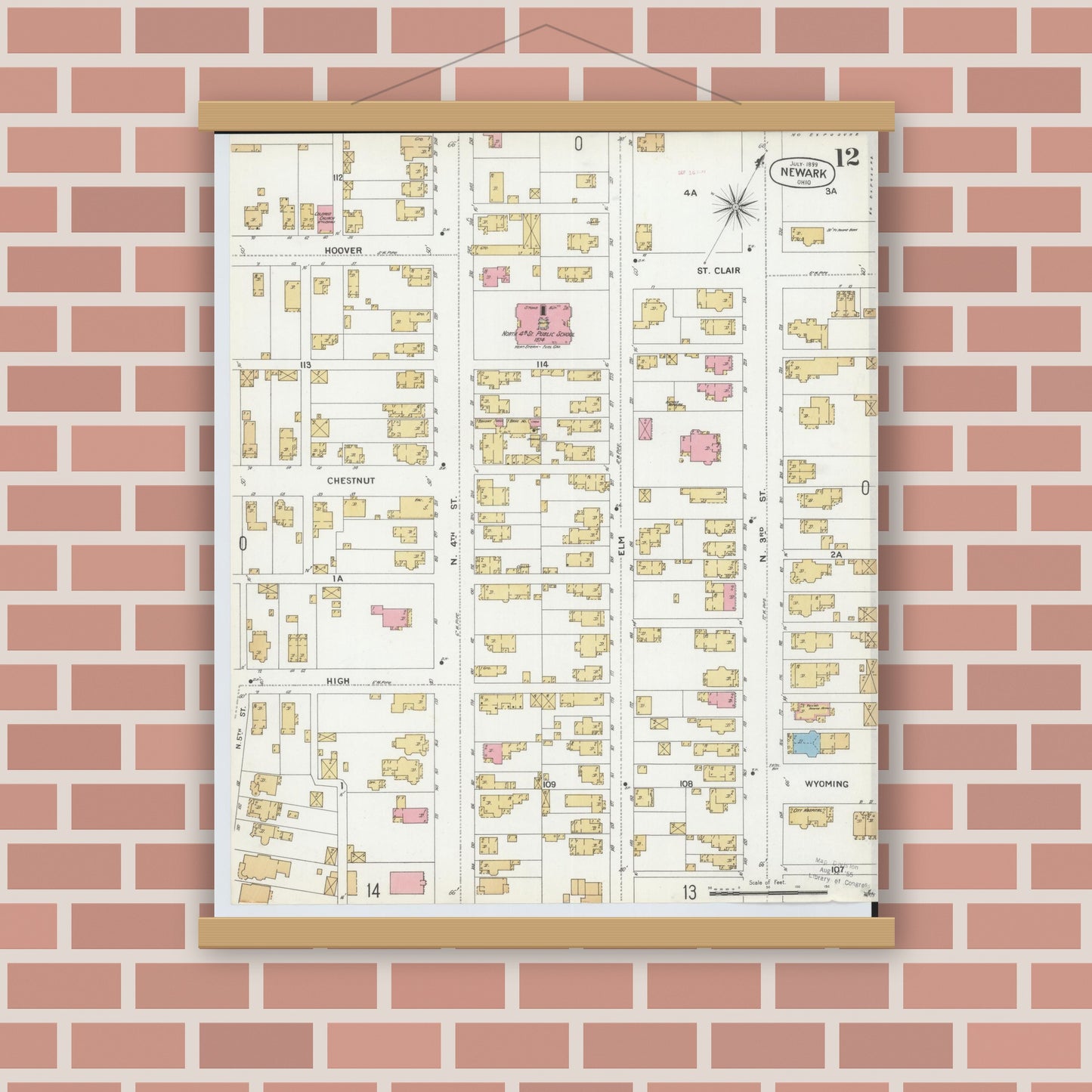 Old map wall art mockup — magnetic wood frame on brick wall — Sanborn Fire Insurance Map from Newark, Licking County, Ohio (1899), Sheet #0012