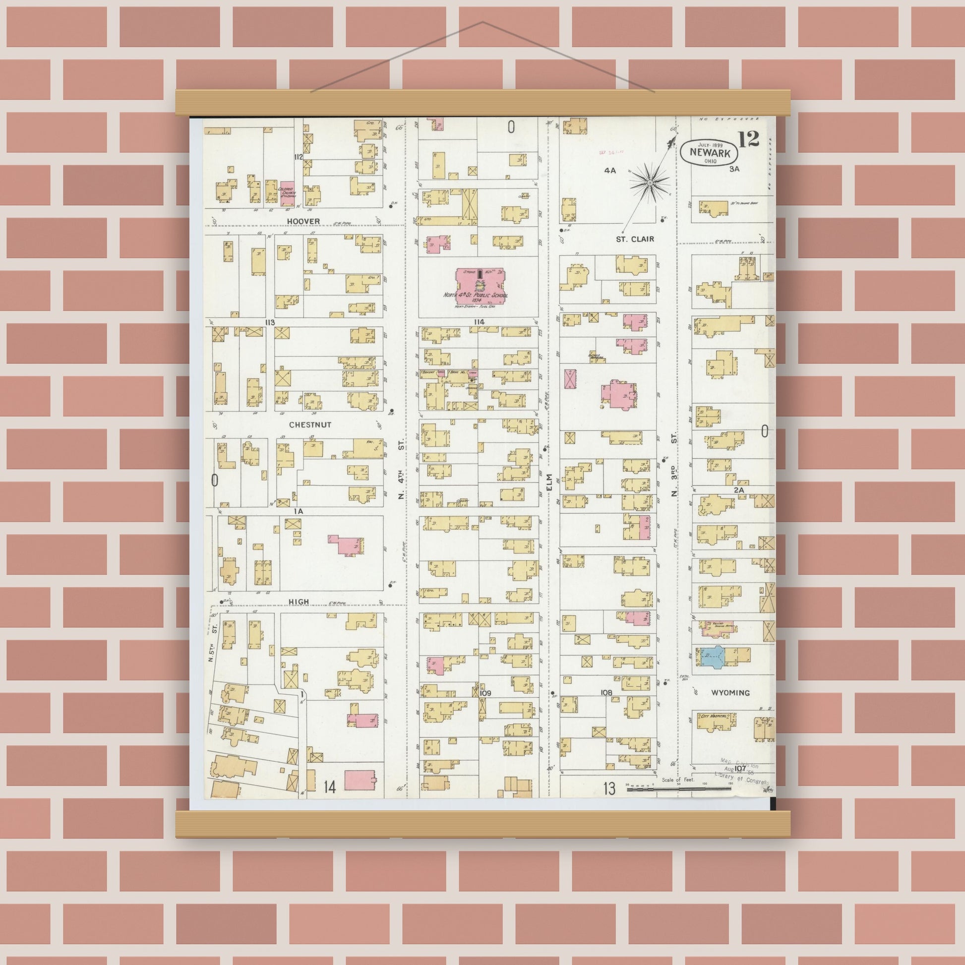 Old map wall art mockup — magnetic wood frame on brick wall — Sanborn Fire Insurance Map from Newark, Licking County, Ohio (1899), Sheet #0012