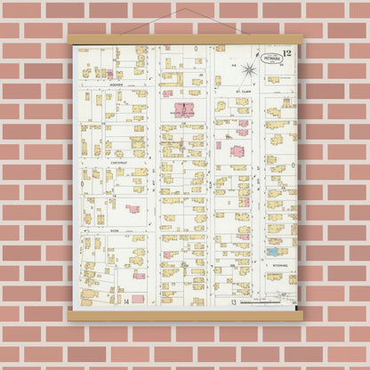 Old map wall art mockup — magnetic wood frame on brick wall — Sanborn Fire Insurance Map from Newark, Licking County, Ohio (1899), Sheet #0012