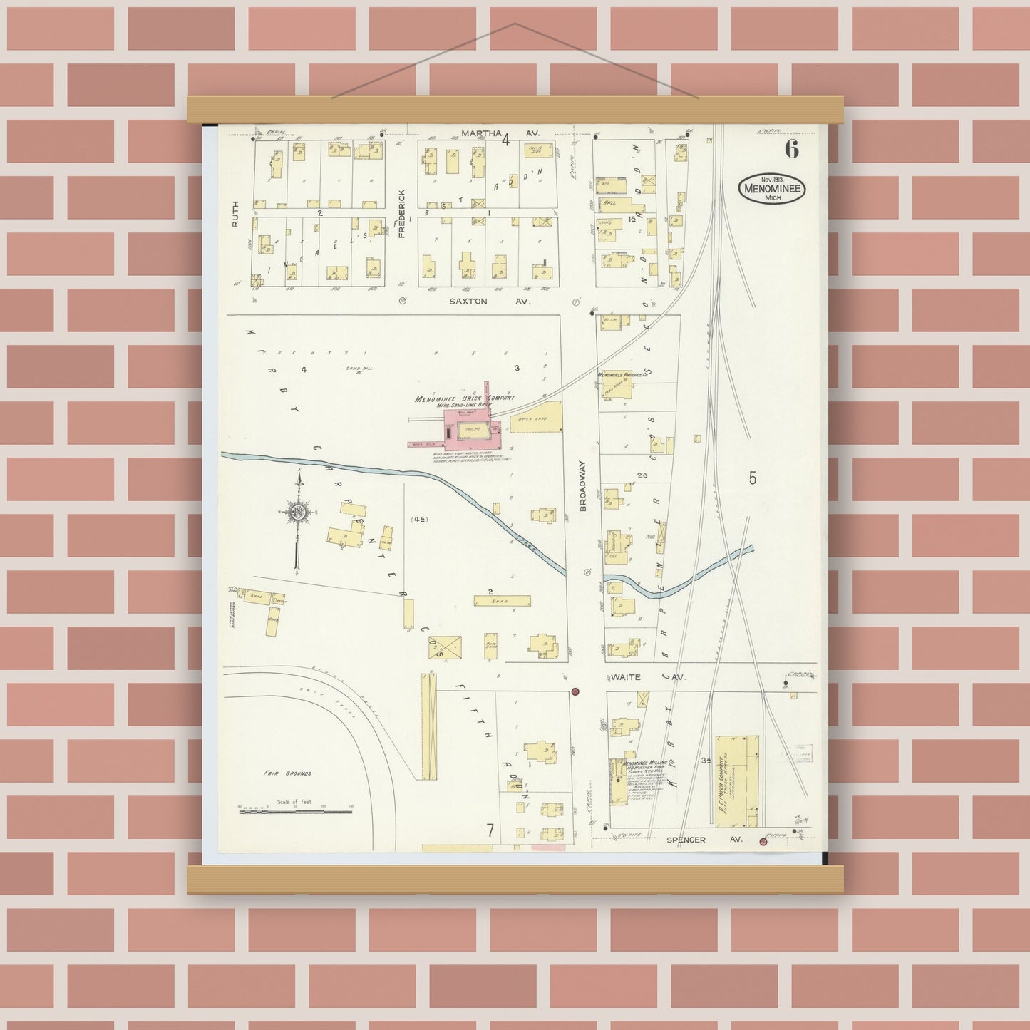 Old map wall art mockup — magnetic wood frame on brick wall — Sanborn Fire Insurance Map from Menominee, Menominee County, Michigan (1913), Sheet #0006