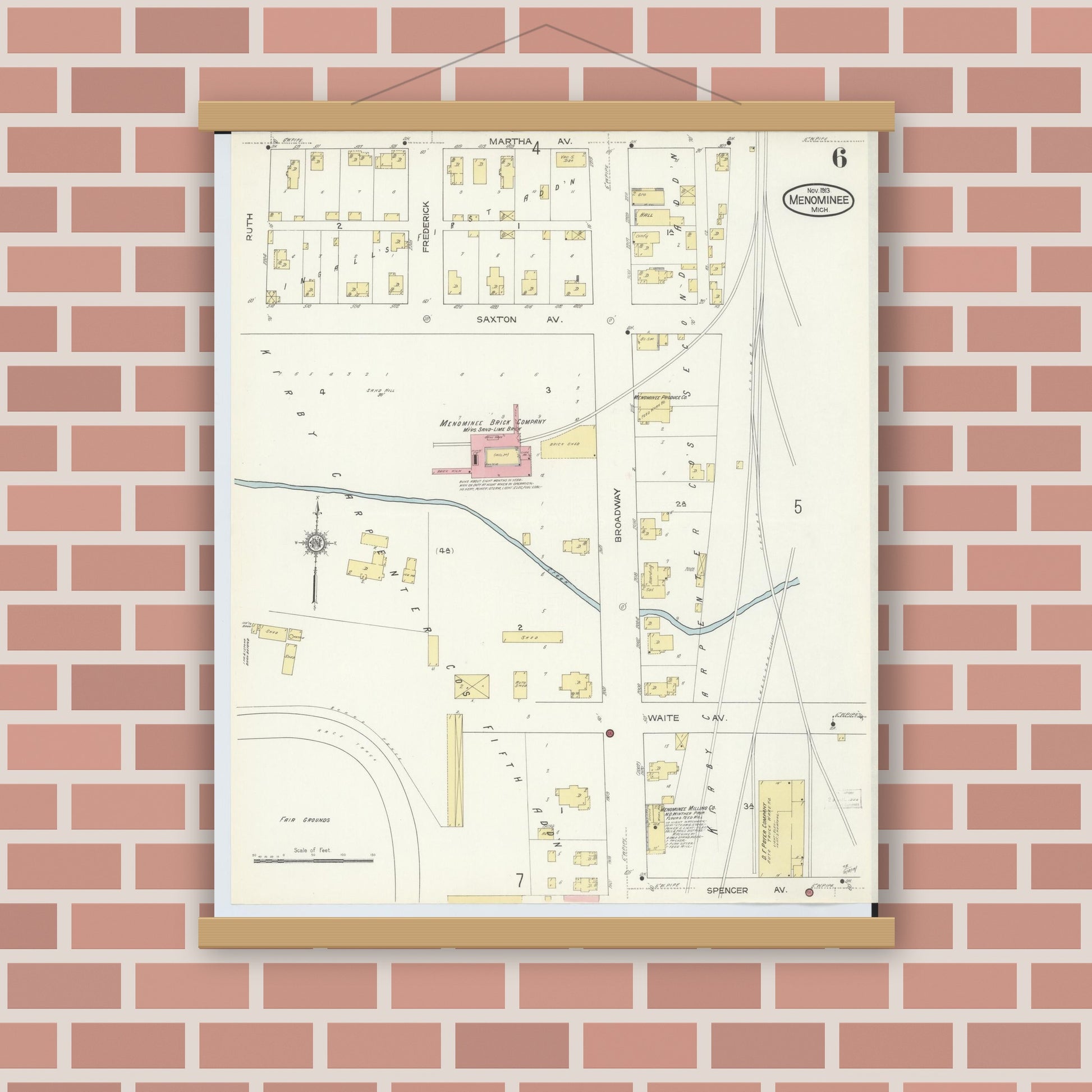Old map wall art mockup — magnetic wood frame on brick wall — Sanborn Fire Insurance Map from Menominee, Menominee County, Michigan (1913), Sheet #0006