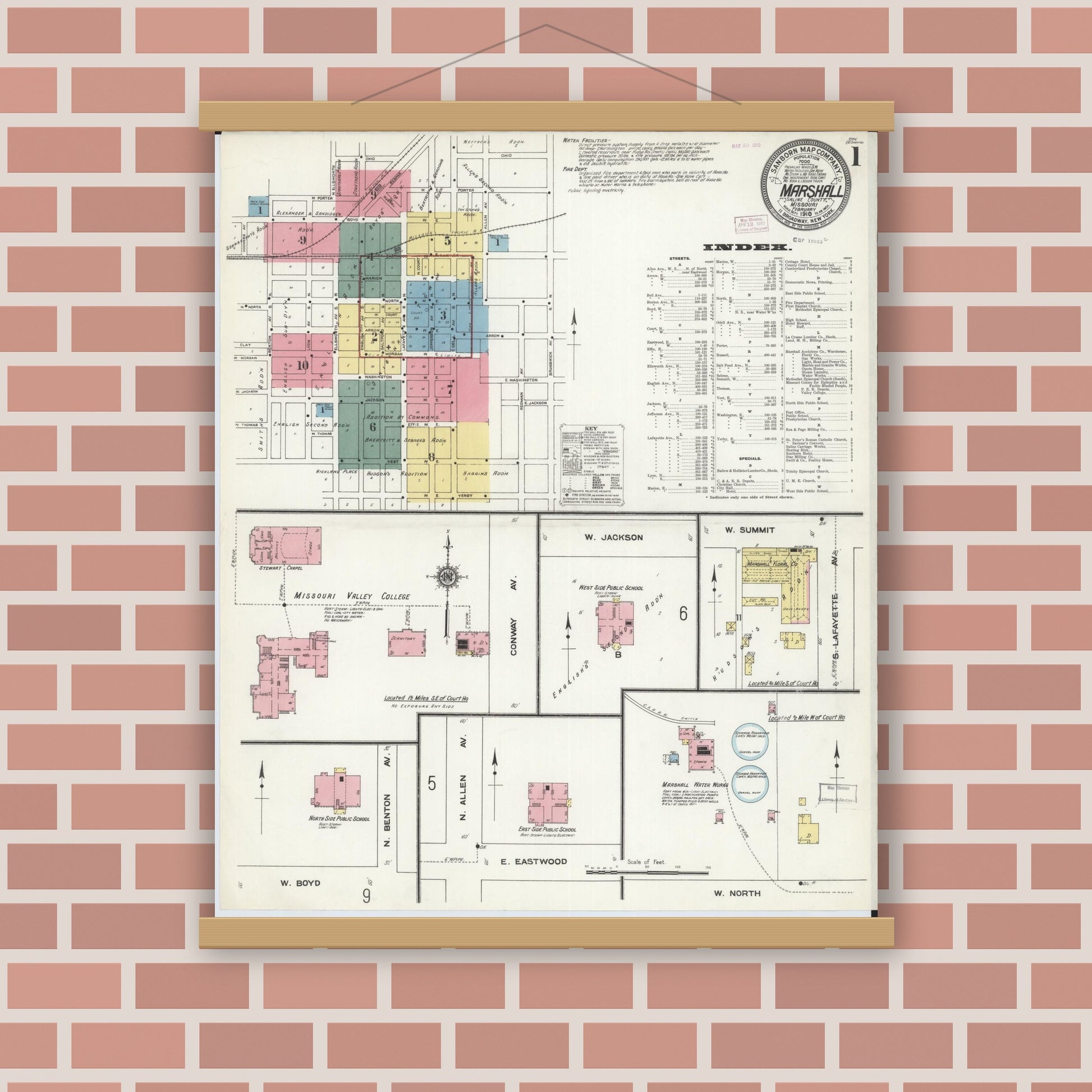 Old map wall art mockup — magnetic wood frame on brick wall — Sanborn Fire Insurance Map from Marshall, Saline County, Missouri (1910) - Complete Map Set