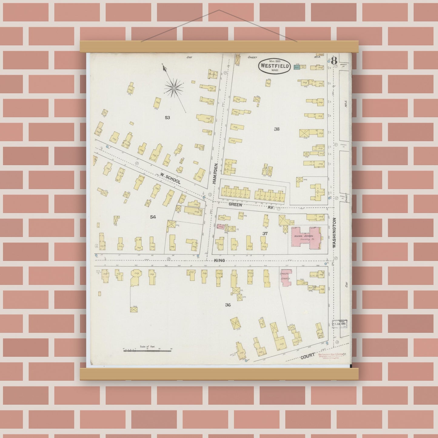 Old map wall art mockup — magnetic wood frame on brick wall — Sanborn Fire Insurance Map from Westfield, Hampden County, Massachusetts (1889), Sheet #0008