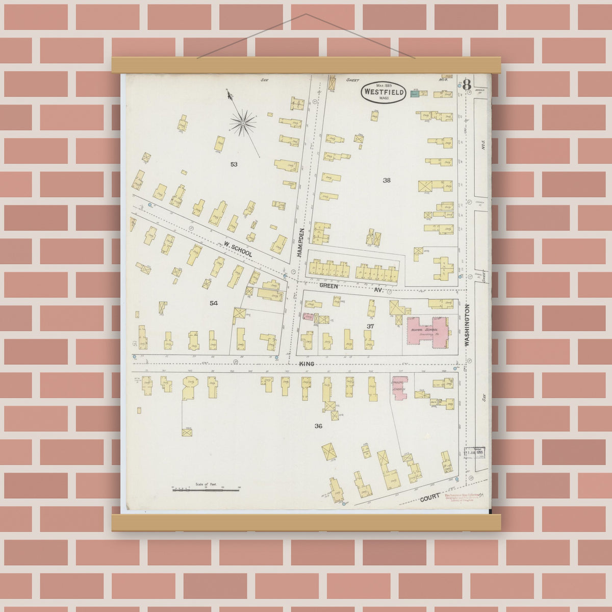 Old map wall art mockup — magnetic wood frame on brick wall — Sanborn Fire Insurance Map from Westfield, Hampden County, Massachusetts (1889), Sheet #0008