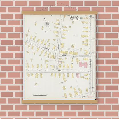 Old map wall art mockup — magnetic wood frame on brick wall — Sanborn Fire Insurance Map from Westfield, Hampden County, Massachusetts (1889), Sheet #0008