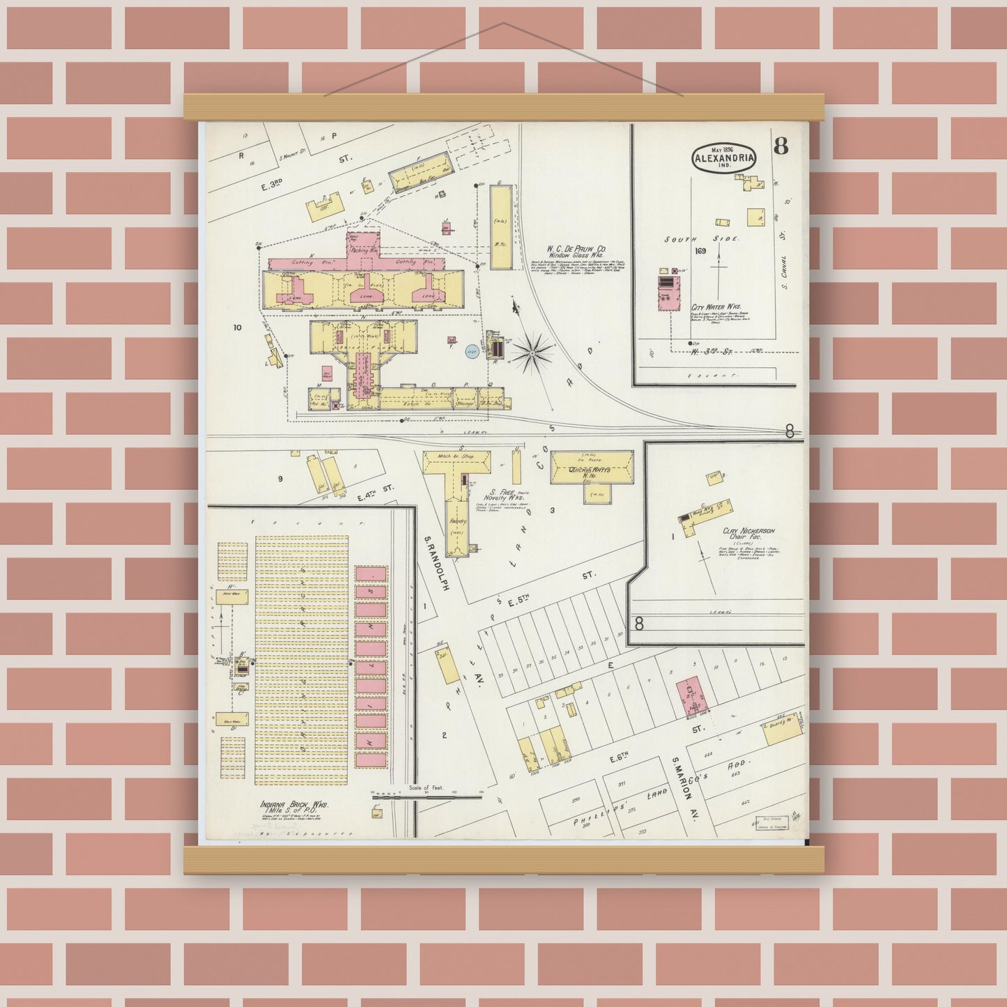 Old map wall art mockup — magnetic wood frame on brick wall — Sanborn Fire Insurance Map from Alexandria, Madison County, Indiana (1896), Sheet #0008