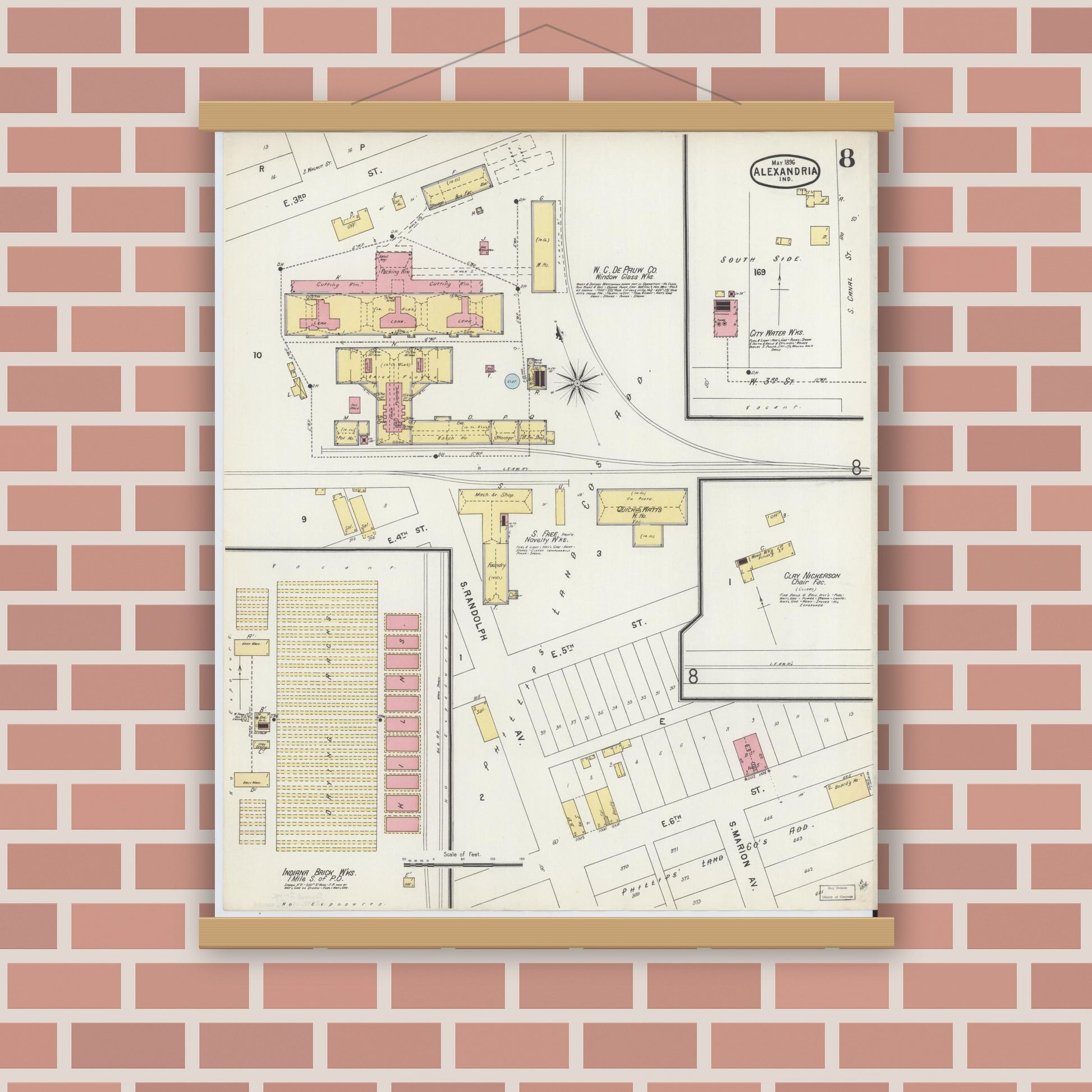 Old map wall art mockup — magnetic wood frame on brick wall — Sanborn Fire Insurance Map from Alexandria, Madison County, Indiana (1896), Sheet #0008