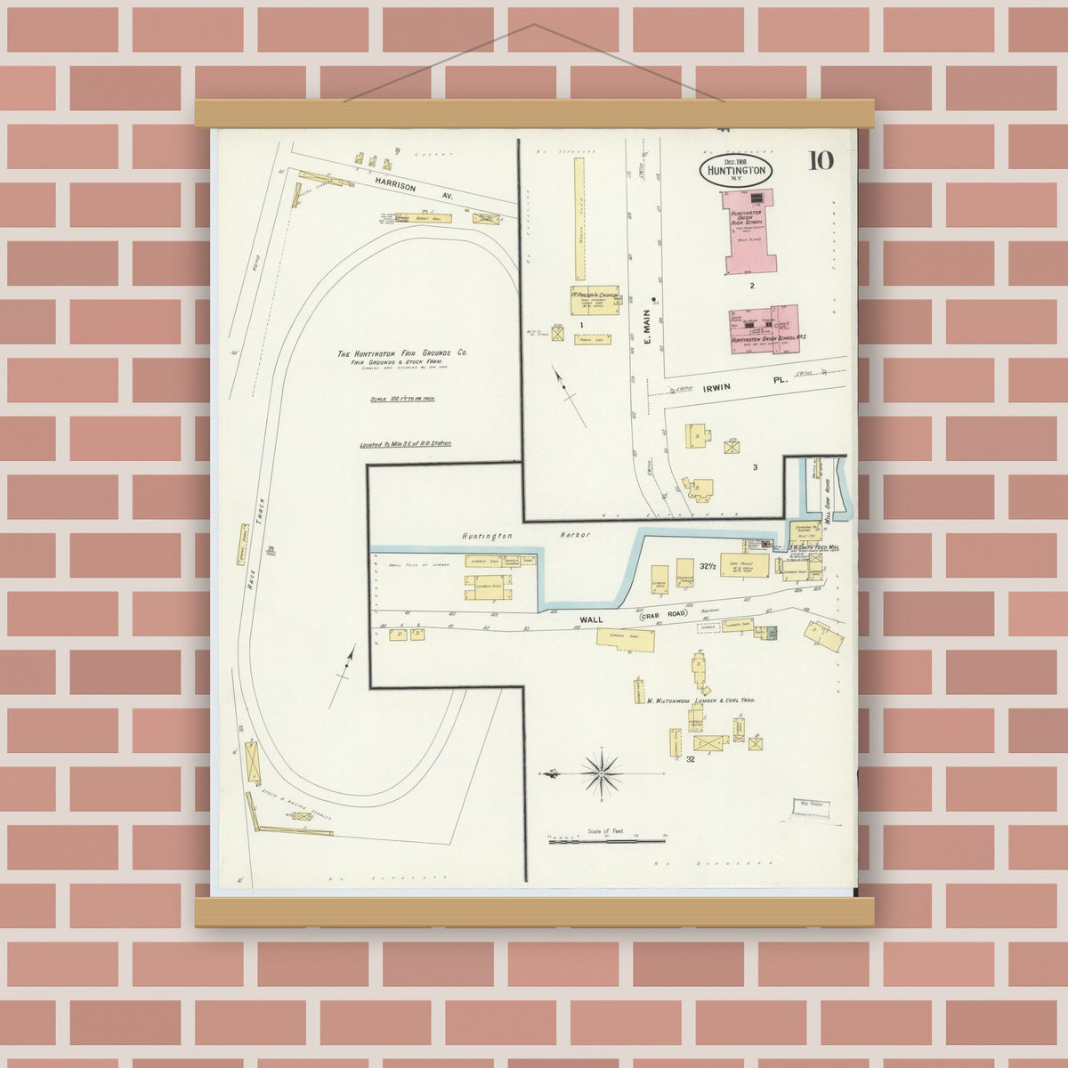 Old map wall art mockup — magnetic wood frame on brick wall — Sanborn Fire Insurance Map from Huntington, Suffolk County, New York (1908), Sheet #0010