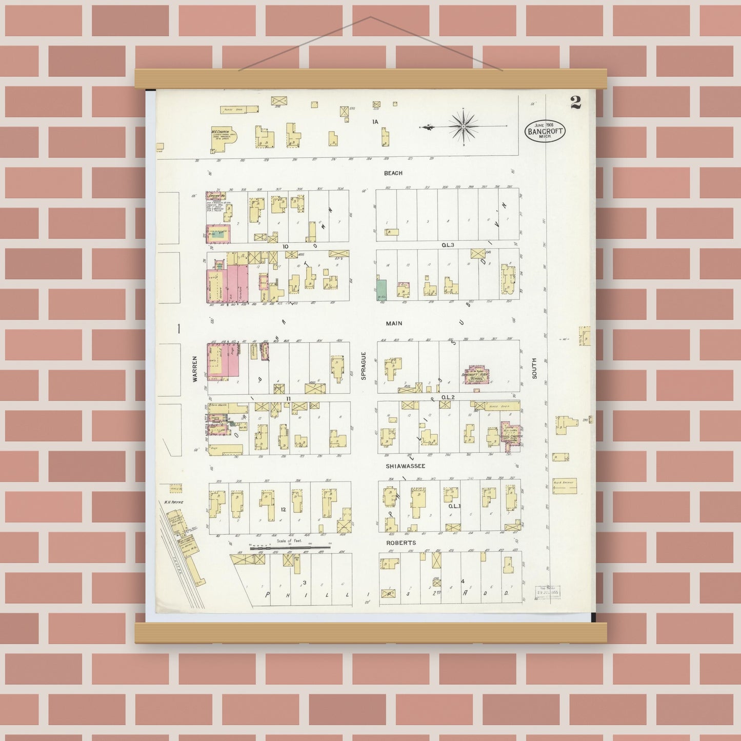 Old map wall art mockup — magnetic wood frame on brick wall — Sanborn Fire Insurance Map from Bancroft, Shiawassee County, Michigan (1908), Sheet #0002