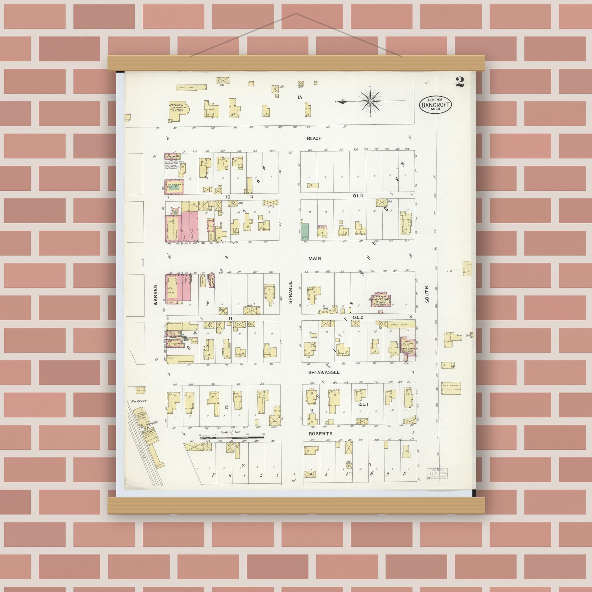 Old map wall art mockup — magnetic wood frame on brick wall — Sanborn Fire Insurance Map from Bancroft, Shiawassee County, Michigan (1908), Sheet #0002