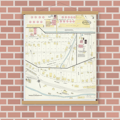 Old map wall art mockup — magnetic wood frame on brick wall — Sanborn Fire Insurance Map from New Straitsville, Perry County, Ohio (1913), Sheet #0003