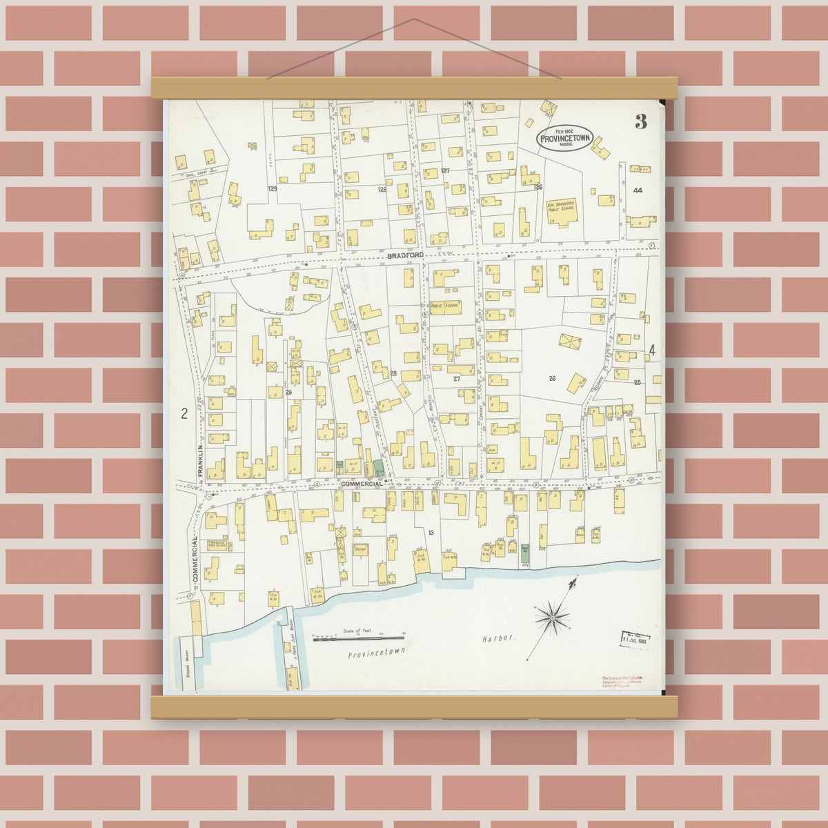 Old map wall art mockup — magnetic wood frame on brick wall — Sanborn Fire Insurance Map from Provincetown, Barnstable County, Massachusetts (1902), Sheet #0003