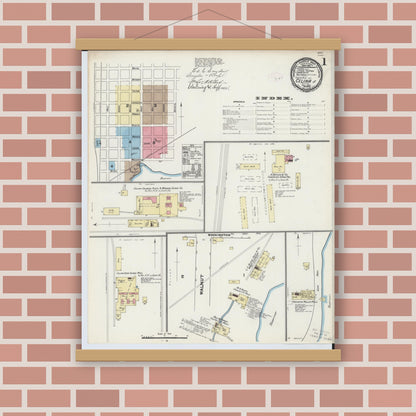 Old map wall art mockup — magnetic wood frame on brick wall — Sanborn Fire Insurance Map from Celina, Mercer County, Ohio (1890) - Complete Map Set