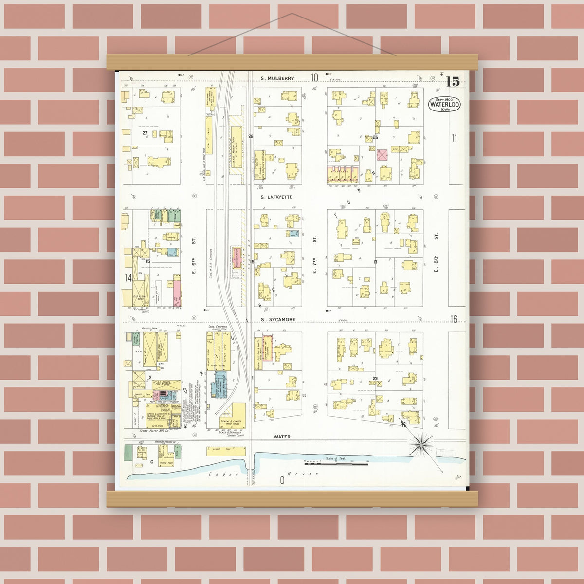 Old map wall art mockup — magnetic wood frame on brick wall — Sanborn Fire Insurance Map from Waterloo, Black Hawk County, Iowa (1900), Sheet #0015