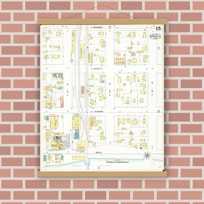 Old map wall art mockup — magnetic wood frame on brick wall — Sanborn Fire Insurance Map from Waterloo, Black Hawk County, Iowa (1900), Sheet #0015