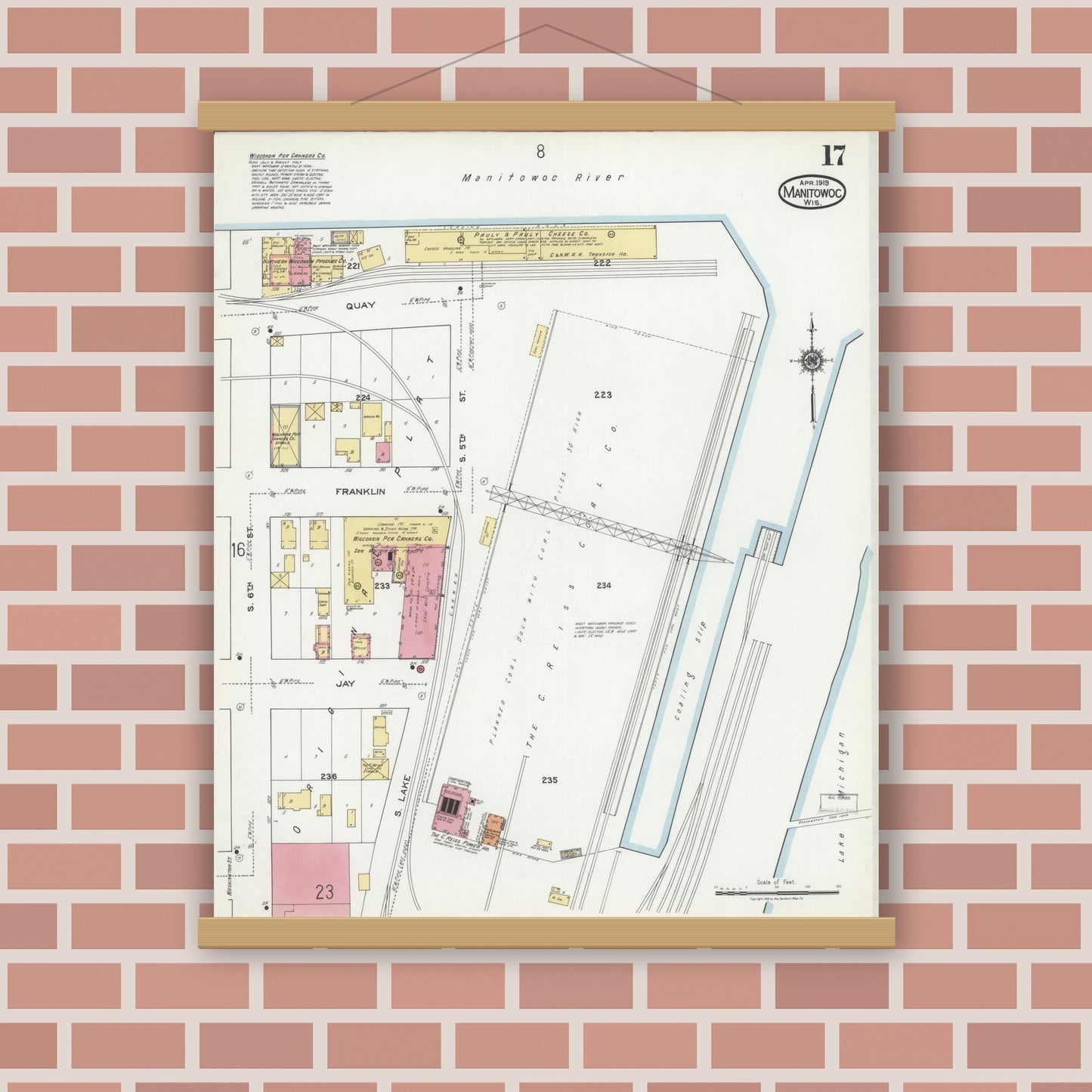 Old map wall art mockup — magnetic wood frame on brick wall — Sanborn Fire Insurance Map from Manitowoc, Manitowoc County, Wisconsin (1919), Sheet #0017