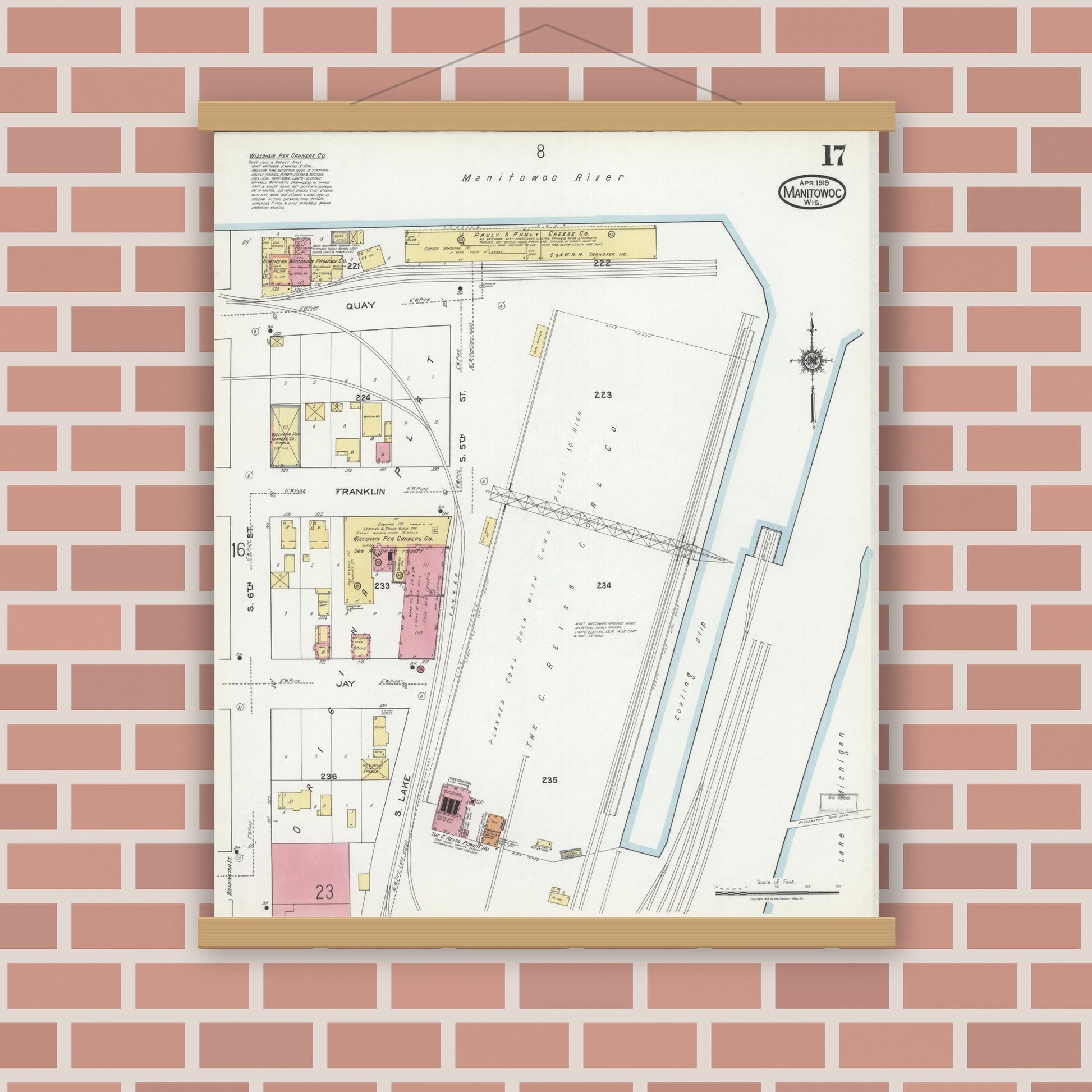 Old map wall art mockup — magnetic wood frame on brick wall — Sanborn Fire Insurance Map from Manitowoc, Manitowoc County, Wisconsin (1919), Sheet #0017