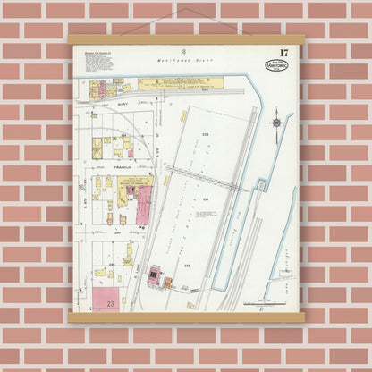 Old map wall art mockup — magnetic wood frame on brick wall — Sanborn Fire Insurance Map from Manitowoc, Manitowoc County, Wisconsin (1919), Sheet #0017