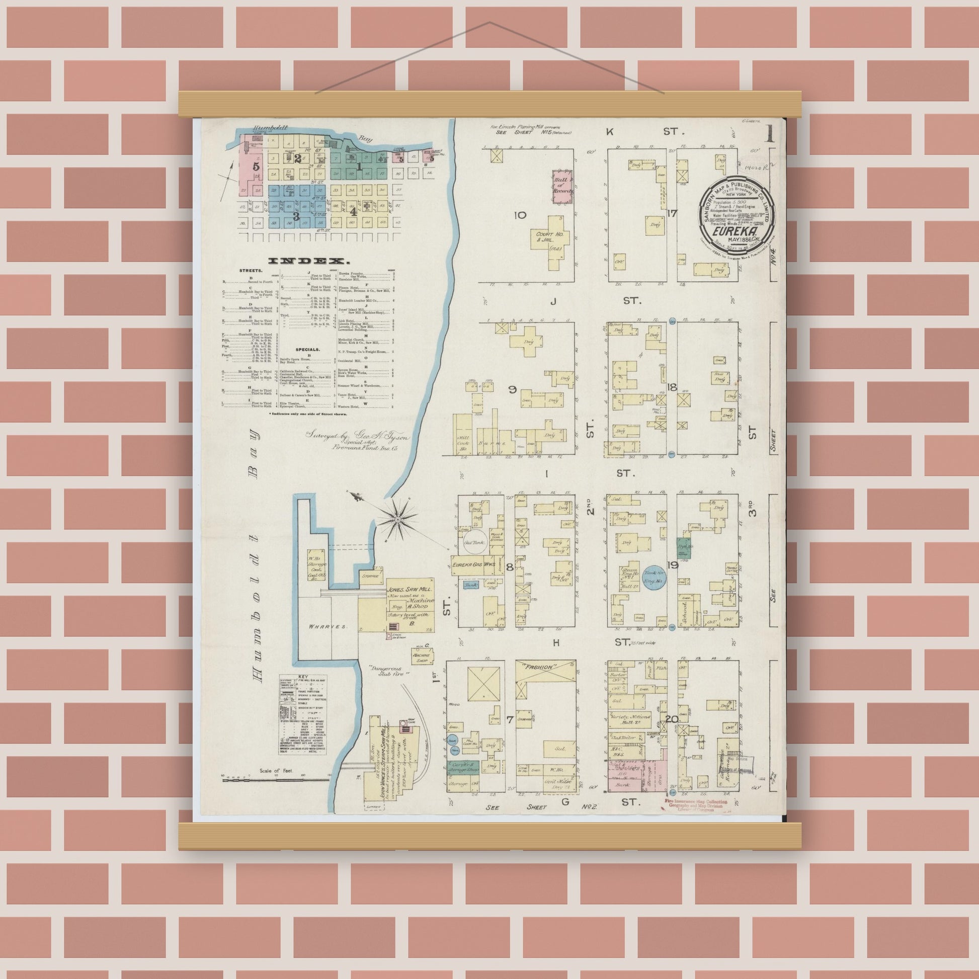 Old map wall art mockup — magnetic wood frame on brick wall — Sanborn Fire Insurance Map from Eureka, Humboldt County, California (1886) - Complete Map Set