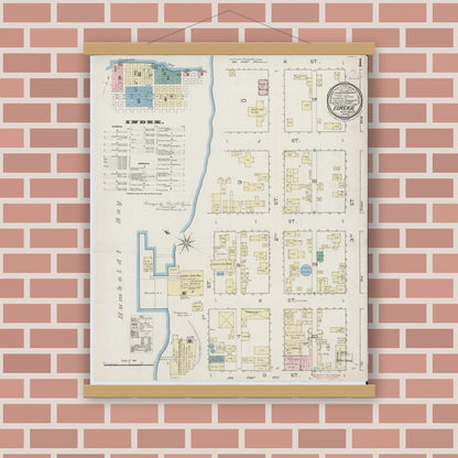 Old map wall art mockup — magnetic wood frame on brick wall — Sanborn Fire Insurance Map from Eureka, Humboldt County, California (1886) - Complete Map Set
