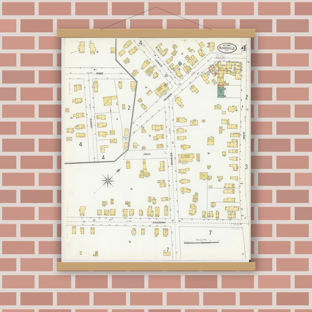 Old map wall art mockup — magnetic wood frame on brick wall — Sanborn Fire Insurance Map from Boonville, Oneida County, New York (1904), Sheet #0004
