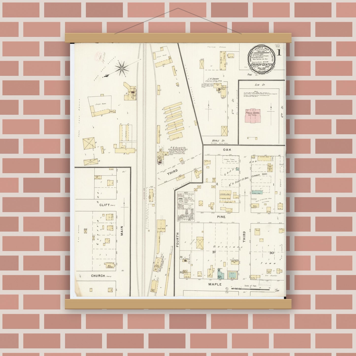 Old map wall art mockup — magnetic wood frame on brick wall — Sanborn Fire Insurance Map from Grundy Center, Grundy County, Iowa (1894) â€” Complete Set