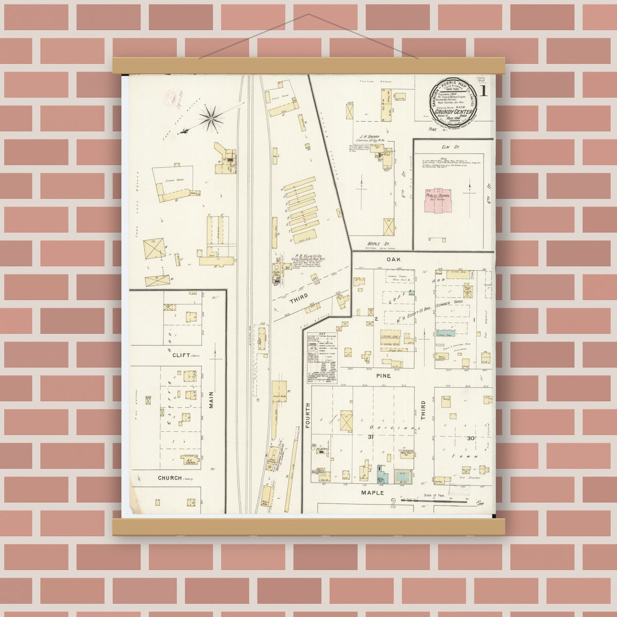 Old map wall art mockup — magnetic wood frame on brick wall — Sanborn Fire Insurance Map from Grundy Center, Grundy County, Iowa (1894) â€” Complete Set