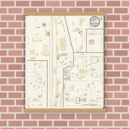 Old map wall art mockup — magnetic wood frame on brick wall — Sanborn Fire Insurance Map from Grundy Center, Grundy County, Iowa (1894) â€” Complete Set