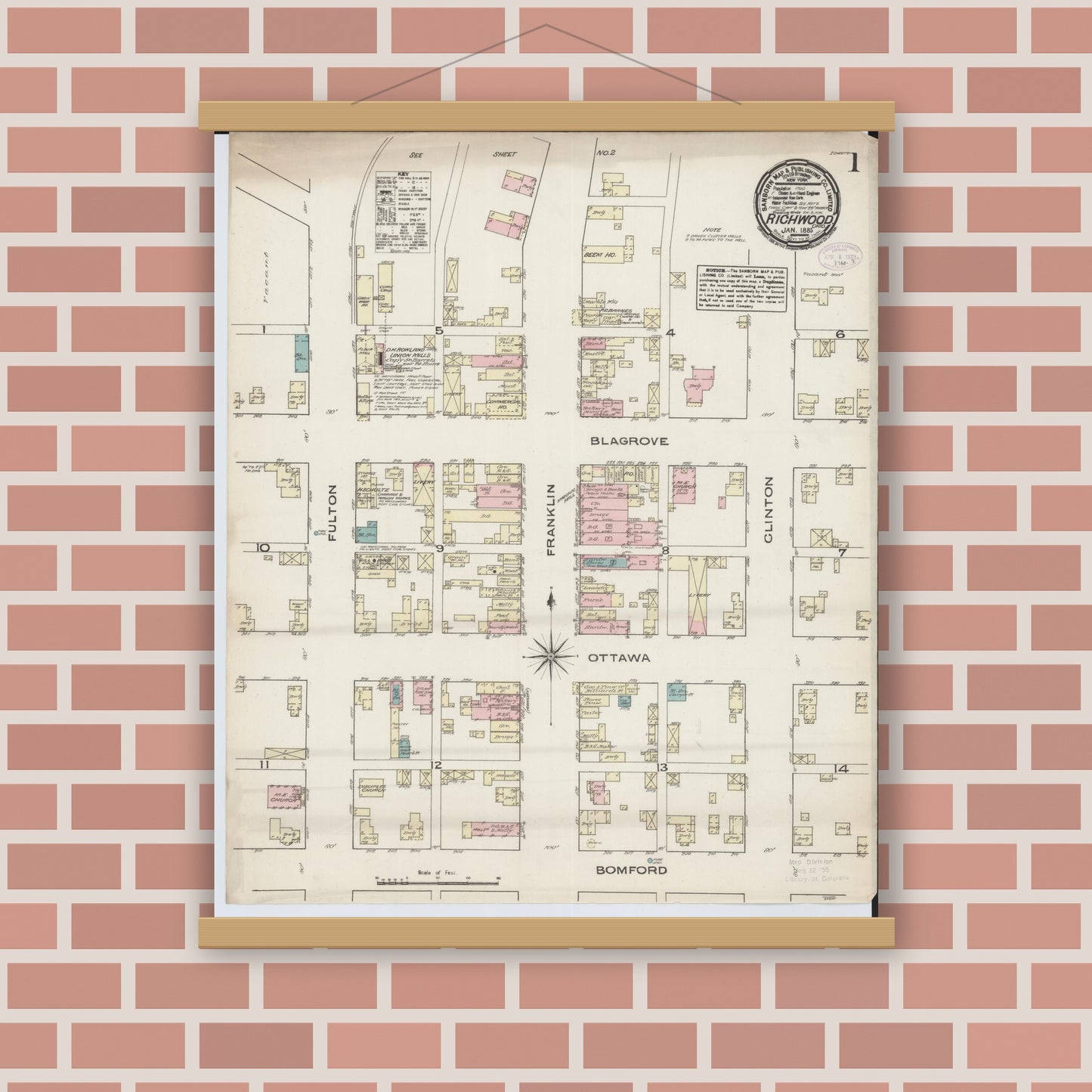 Old map wall art mockup — magnetic wood frame on brick wall — Sanborn Fire Insurance Map from Richwood, Union County, Ohio (1885), Sheet #0001