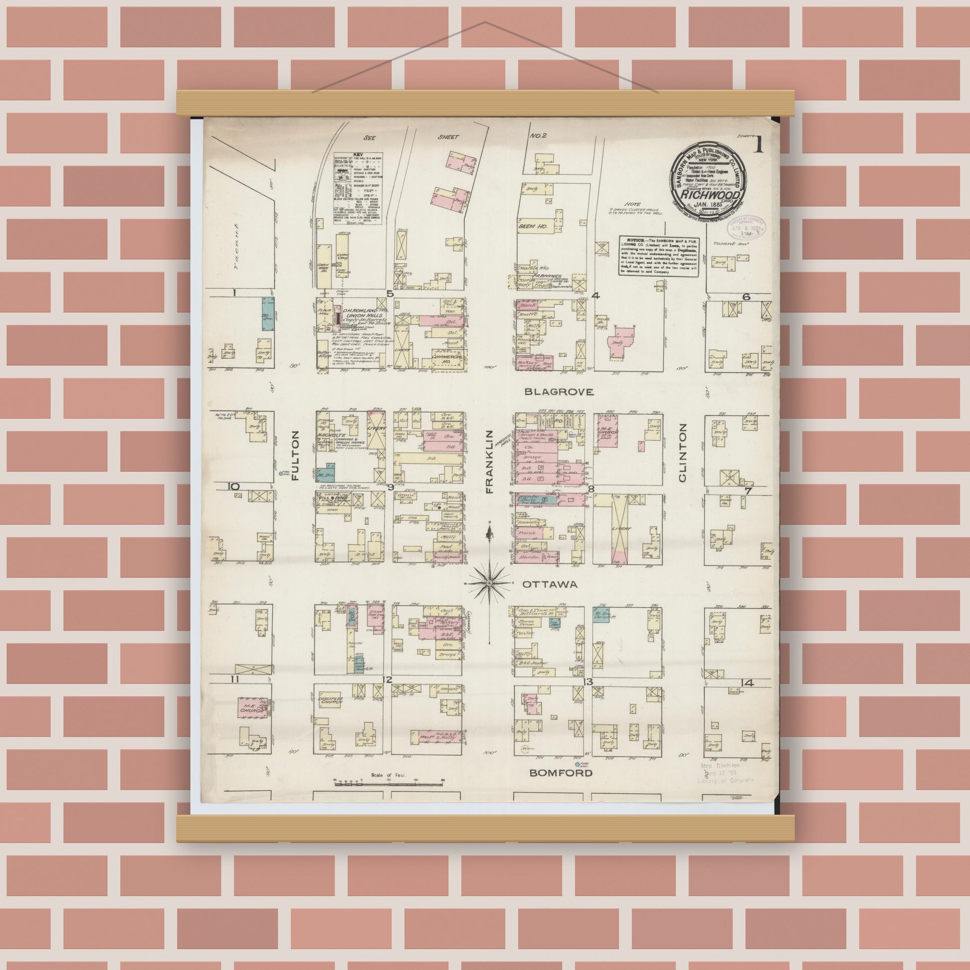 Old map wall art mockup — magnetic wood frame on brick wall — Sanborn Fire Insurance Map from Richwood, Union County, Ohio (1885), Sheet #0001