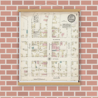 Old map wall art mockup — magnetic wood frame on brick wall — Sanborn Fire Insurance Map from Richwood, Union County, Ohio (1885), Sheet #0001