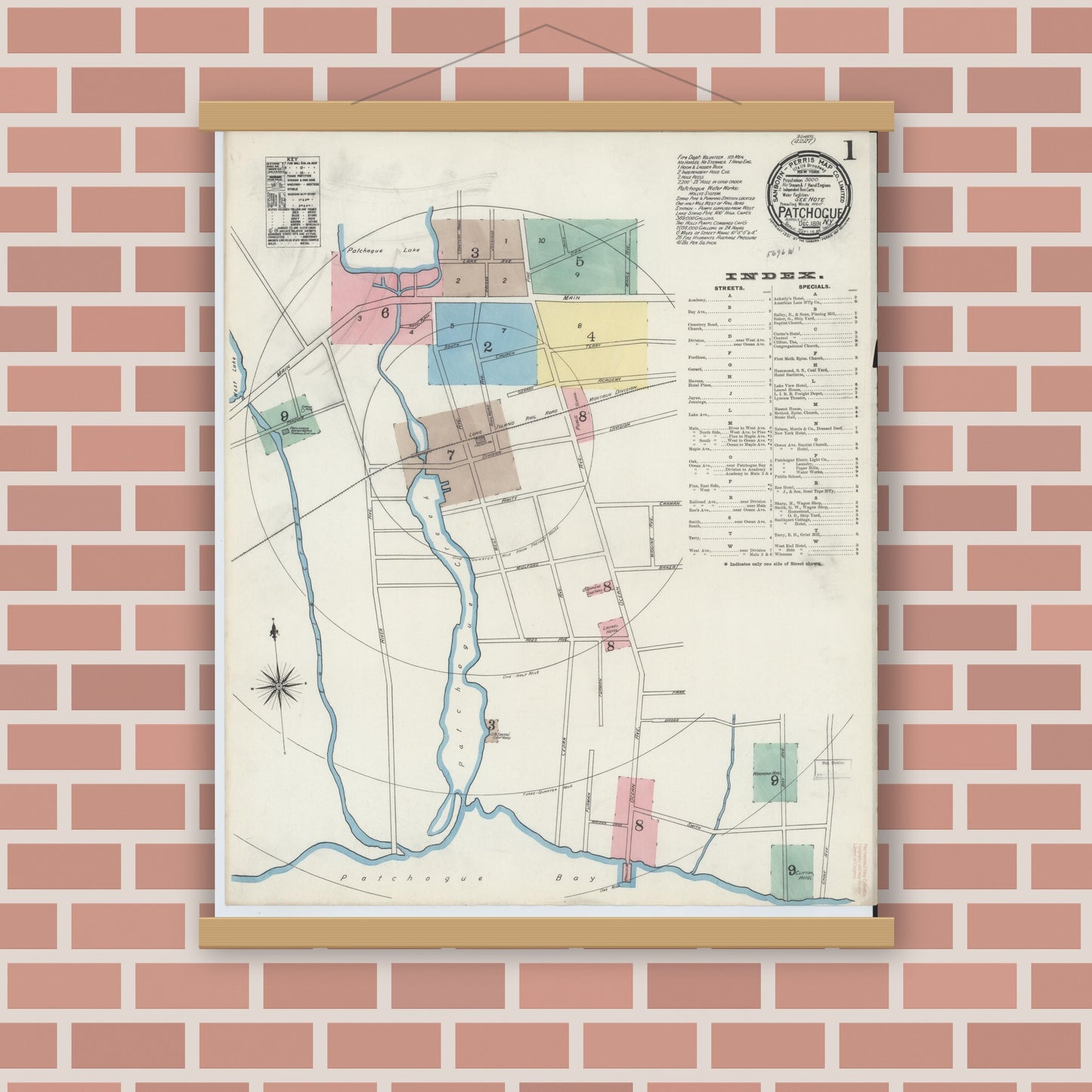 Old map wall art mockup — magnetic wood frame on brick wall — Sanborn Fire Insurance Map from Patchogue, Suffolk County, New York (1891) - Complete Map Set