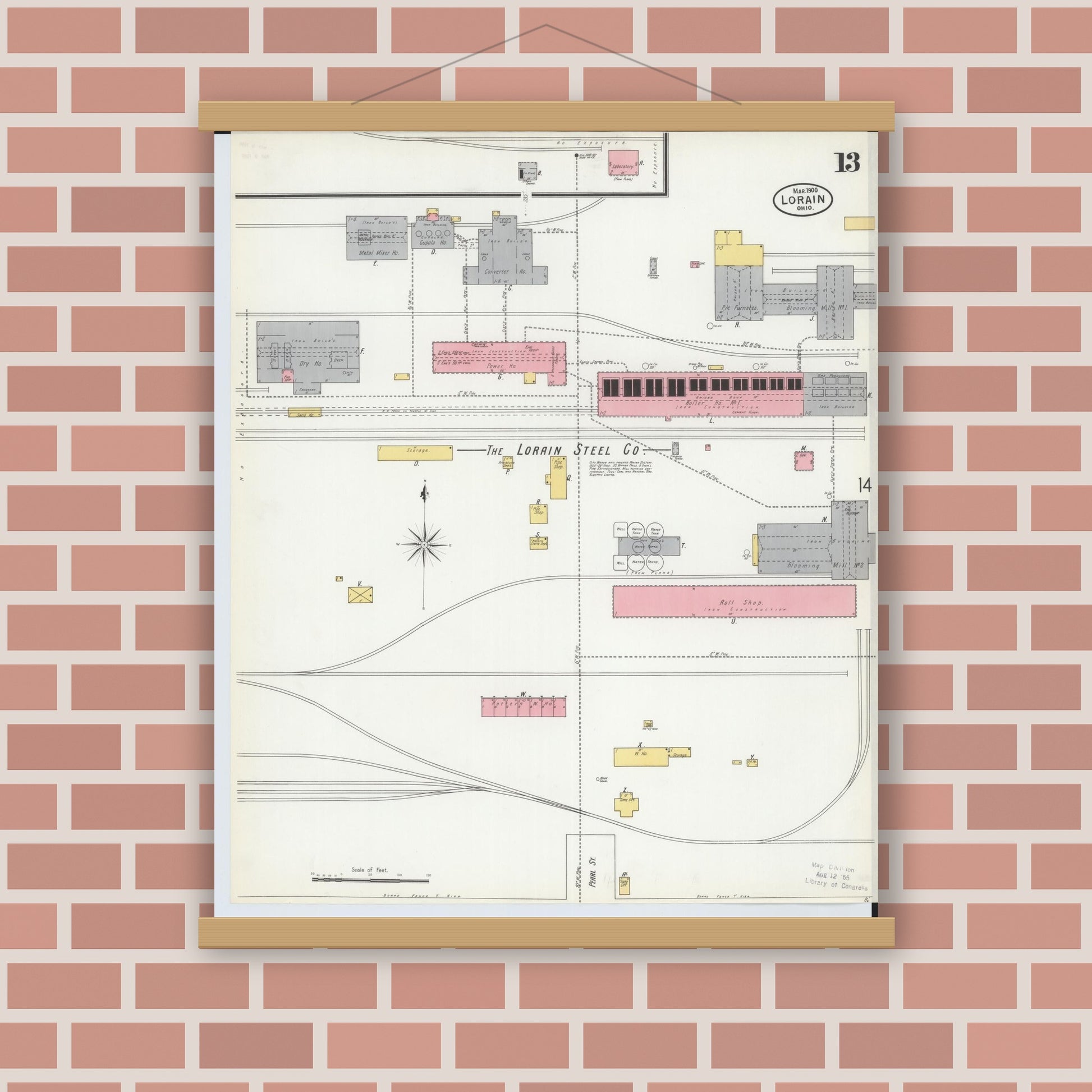 Old map wall art mockup — magnetic wood frame on brick wall — Sanborn Fire Insurance Map from Lorain, Lorain County, Ohio (1900), Sheet #0013