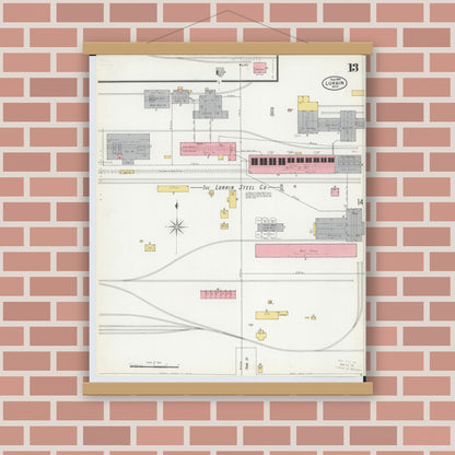 Old map wall art mockup — magnetic wood frame on brick wall — Sanborn Fire Insurance Map from Lorain, Lorain County, Ohio (1900), Sheet #0013