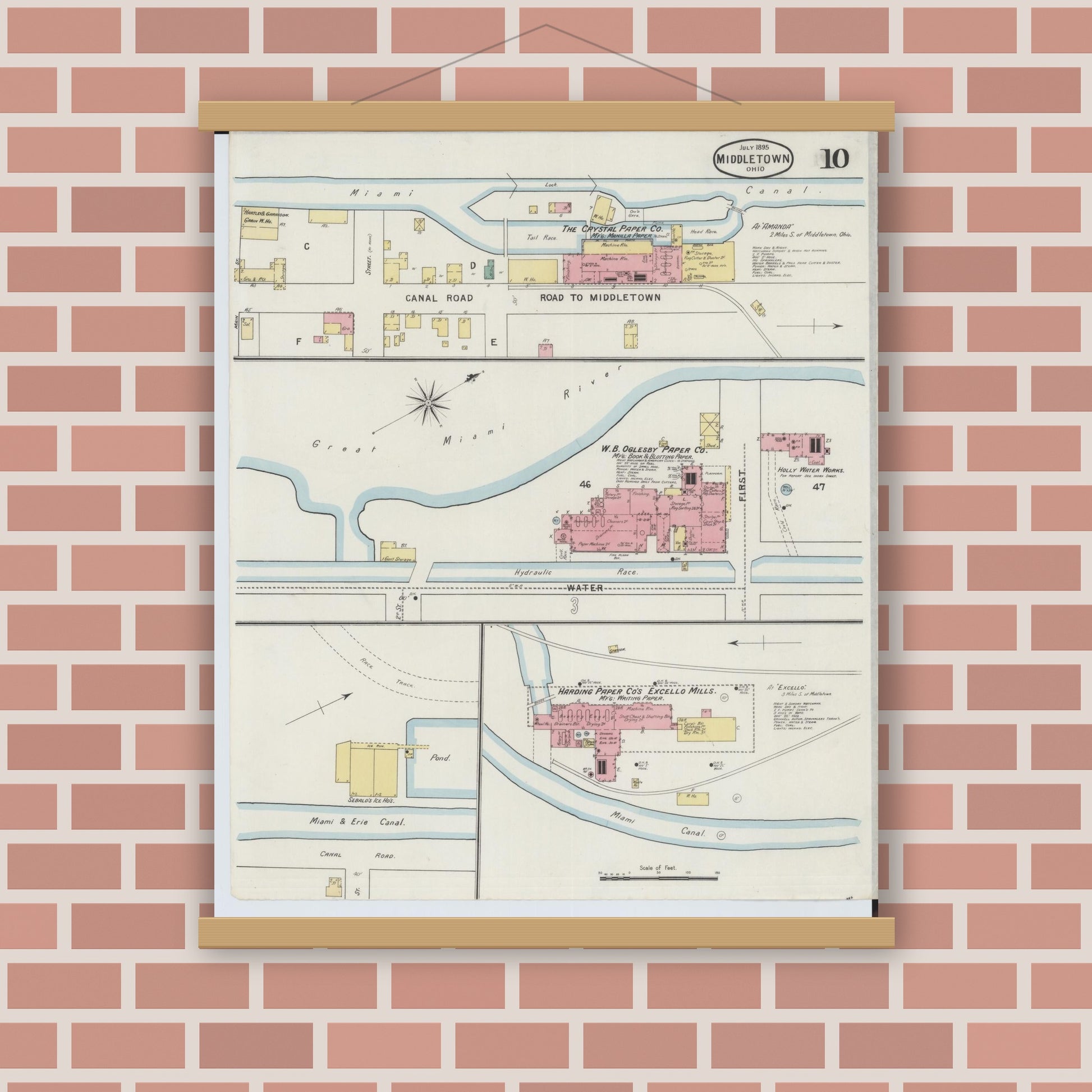 Old map wall art mockup — magnetic wood frame on brick wall — Sanborn Fire Insurance Map from Middletown, Butler County, Ohio (1895), Sheet #0010