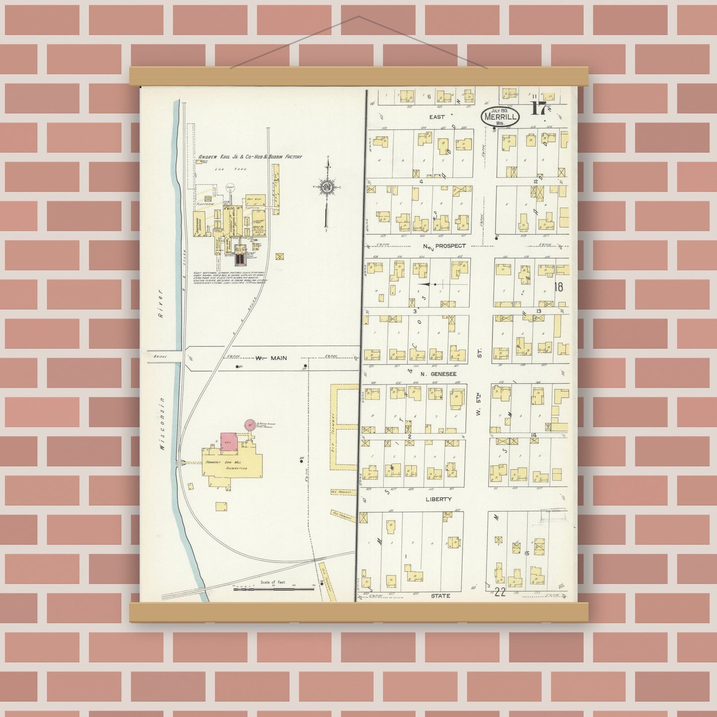 Old map wall art mockup — magnetic wood frame on brick wall — Sanborn Fire Insurance Map from Merrill, Lincoln County, Wisconsin (1913), Sheet #0017