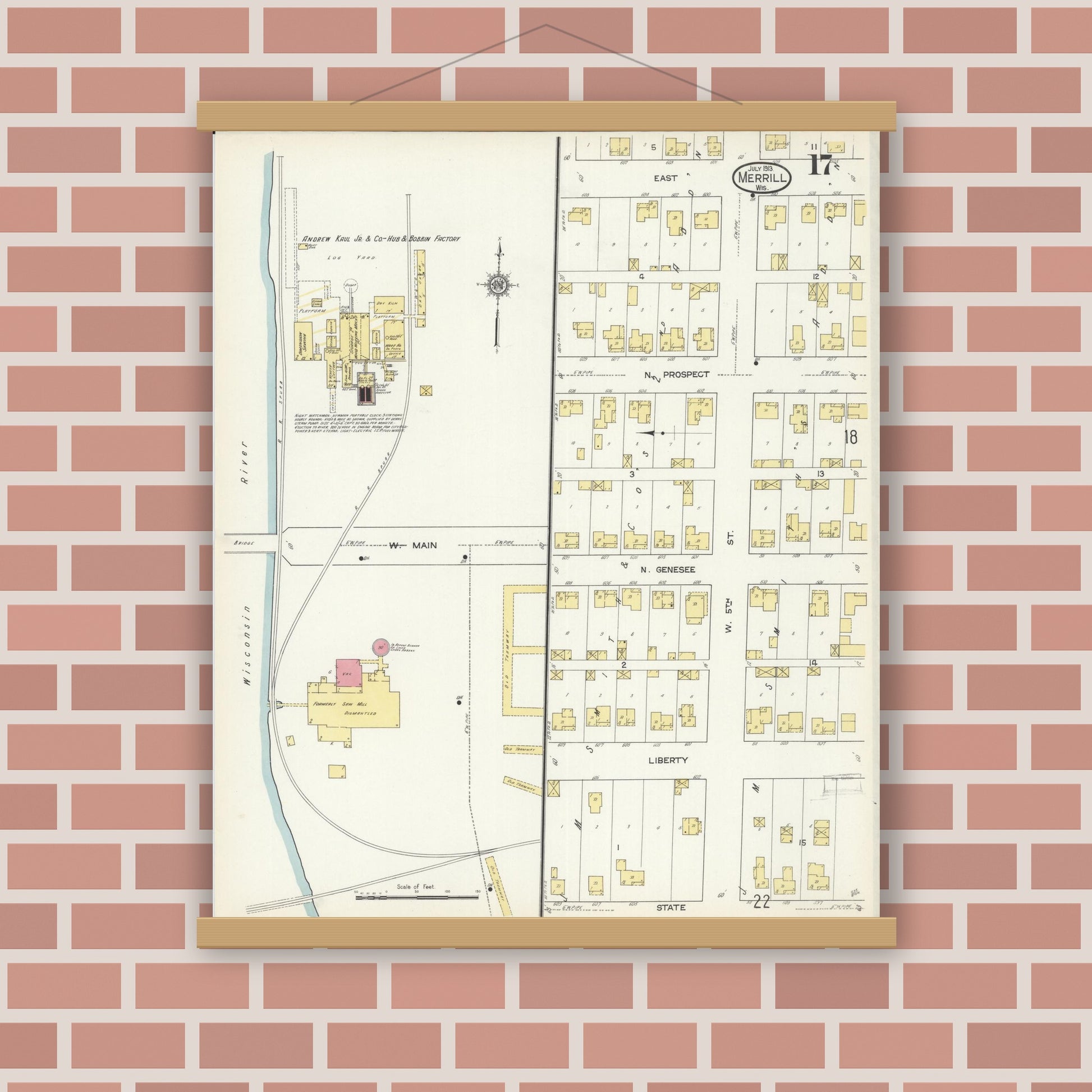 Old map wall art mockup — magnetic wood frame on brick wall — Sanborn Fire Insurance Map from Merrill, Lincoln County, Wisconsin (1913), Sheet #0017