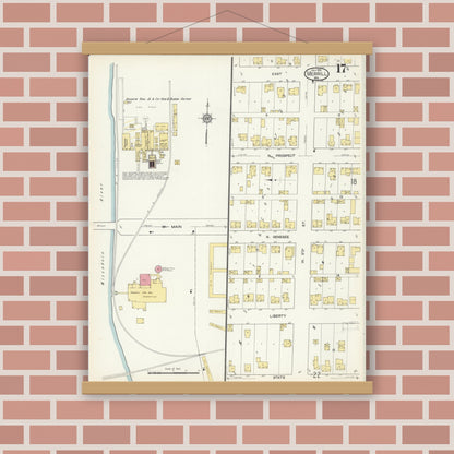 Old map wall art mockup — magnetic wood frame on brick wall — Sanborn Fire Insurance Map from Merrill, Lincoln County, Wisconsin (1913), Sheet #0017